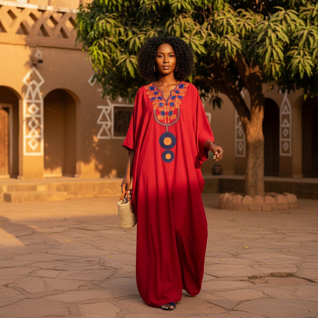 Robe Boubou Rouge Brodé Coton - Éclat Africain Authentique