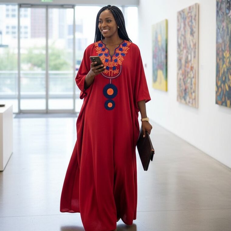 Robe Boubou Rouge Brodé Coton - Éclat Africain Authentique