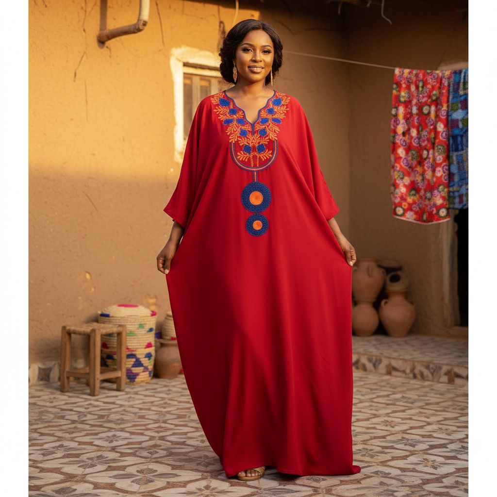 Robe Boubou Rouge Brodé Coton - Éclat Africain Authentique