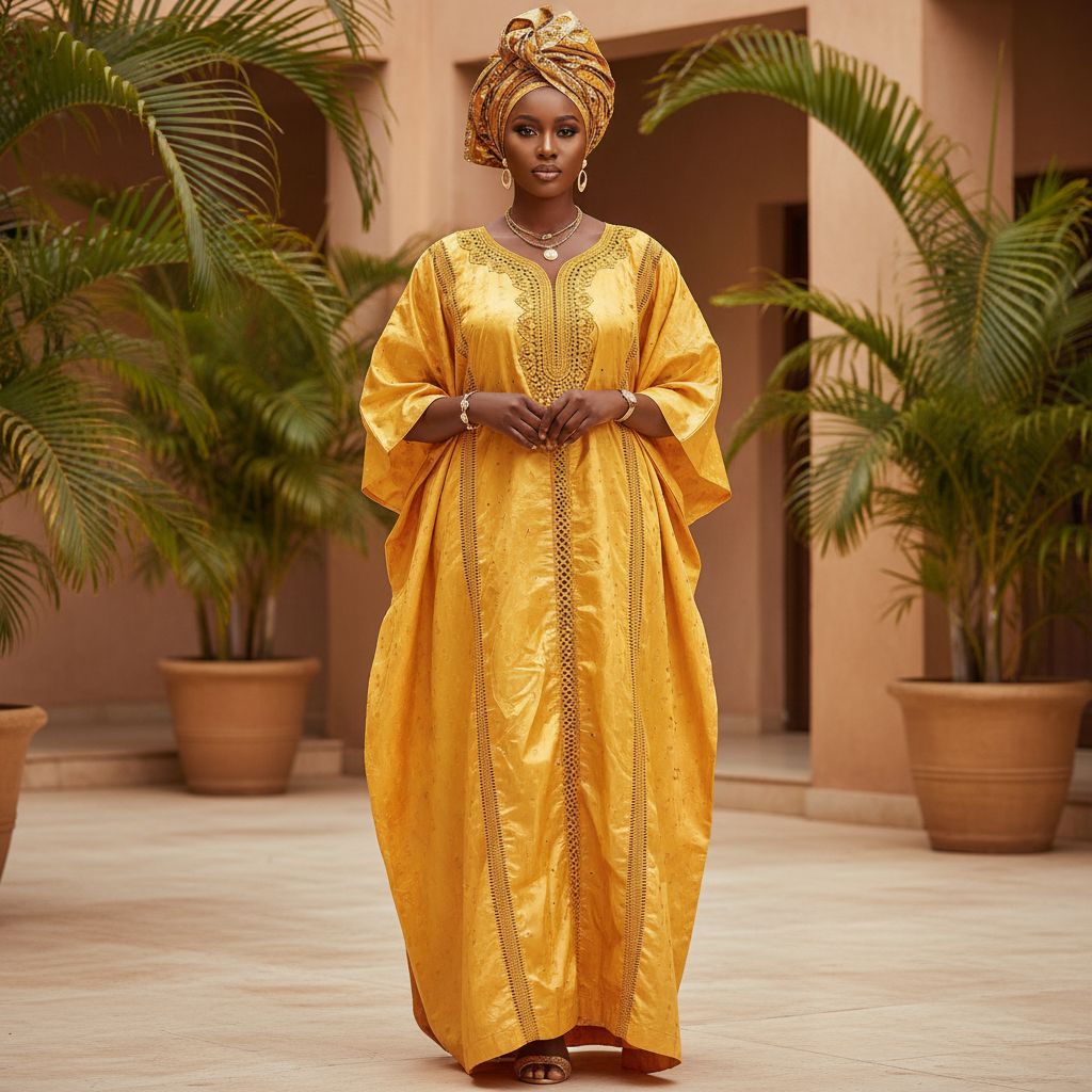 Boubou femme jaune Geztner brodé, tunique africaine élégante cérémonie