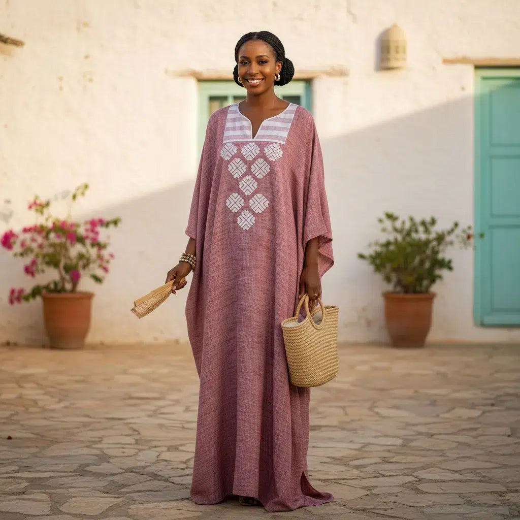 Robe longue Boubou femme lin rose poudré