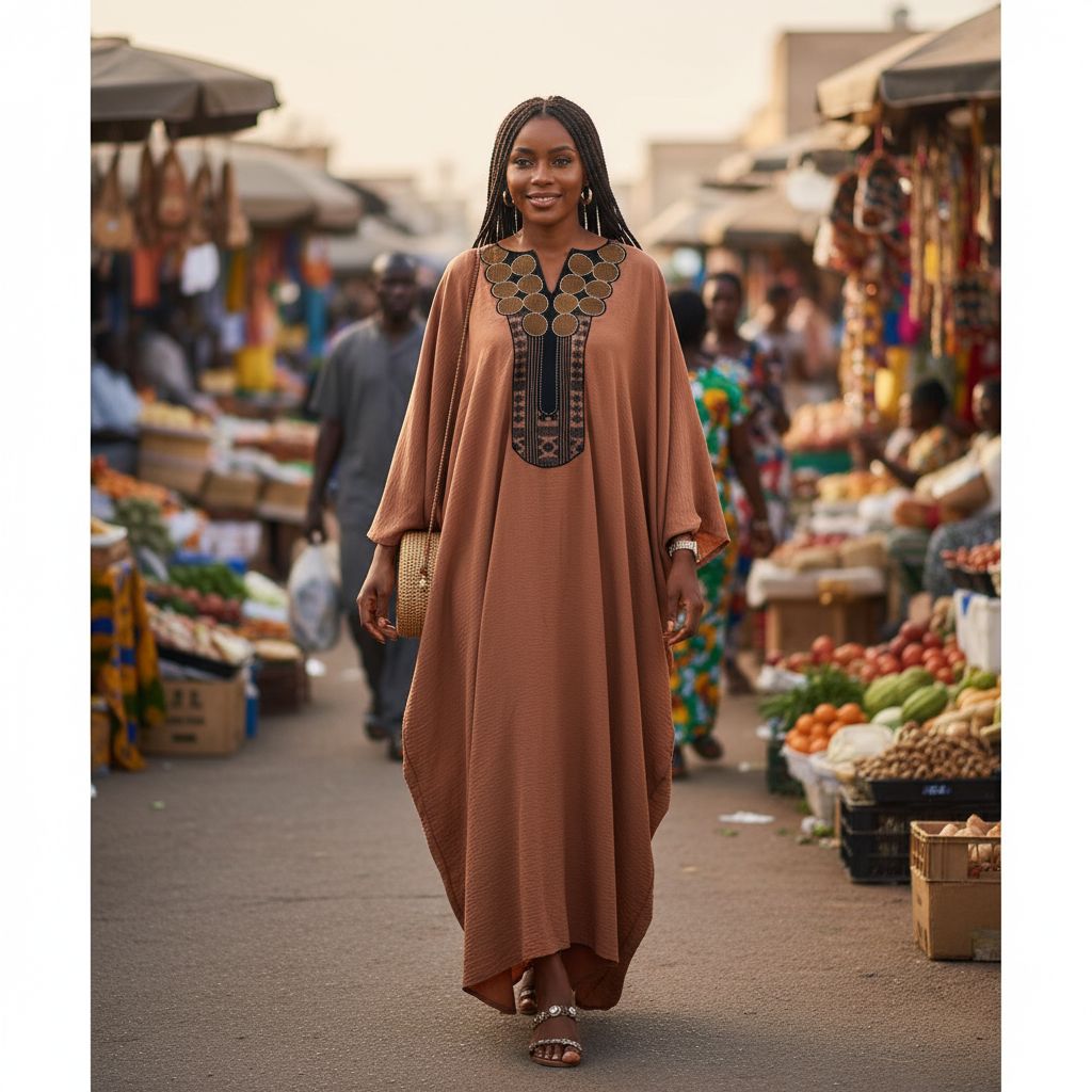 Boubou en Lin Artisanal Marron - Élégance Bohème Chic