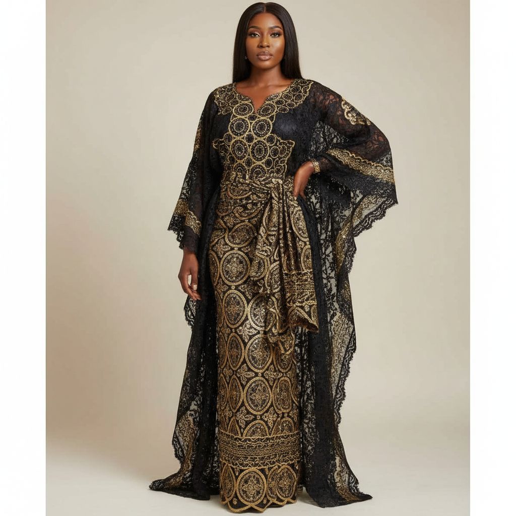 Boubou femme mariage brodé doré et pagne, tenue africaine chic cérémonie