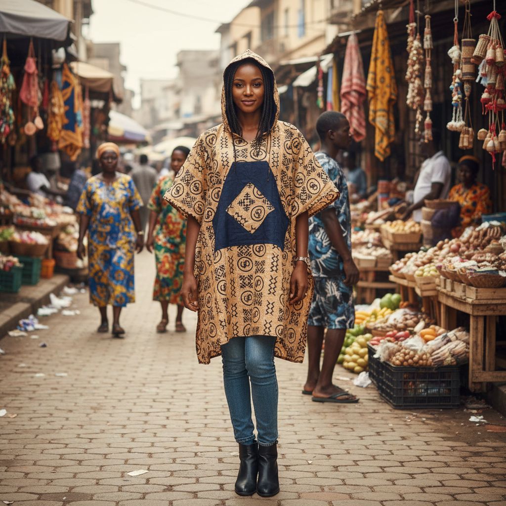 Poncho africain femme beige et bleu avec jean