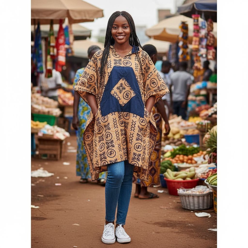 Poncho africain femme beige et bleu avec jean