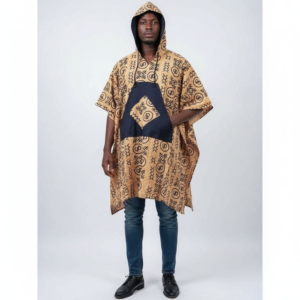 Poncho africain femme beige et bleu avec jean