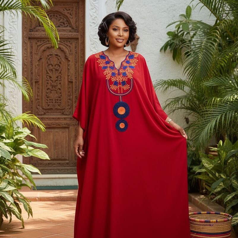 Robe Boubou Rouge Brodé Coton - Éclat Africain Authentique