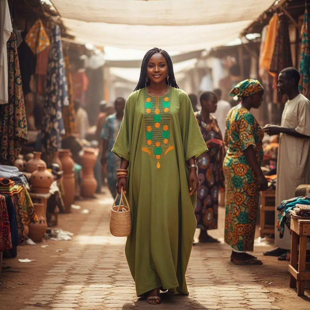 Boubou femme traditionnel vert brodé – robe longue pagne tissé chic ethnique