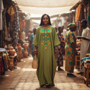 Boubou femme traditionnel vert brodé – robe longue pagne tissé chic ethnique