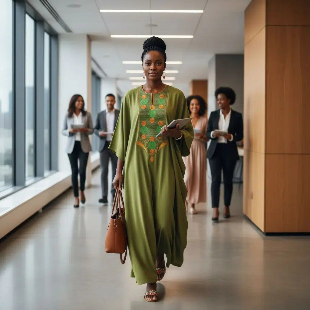 Boubou femme traditionnel vert brodé – robe longue pagne tissé chic ethnique