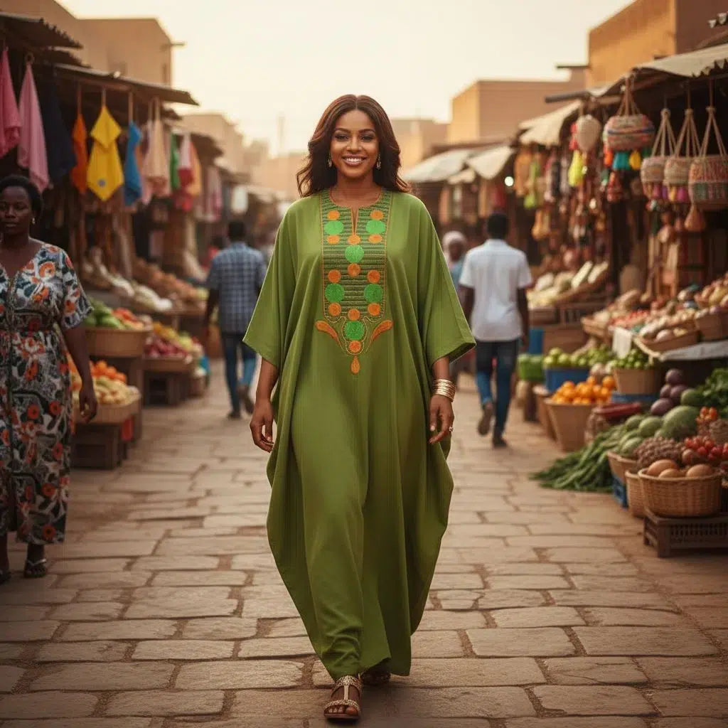 Boubou femme traditionnel vert brodé – robe longue pagne tissé chic ethnique