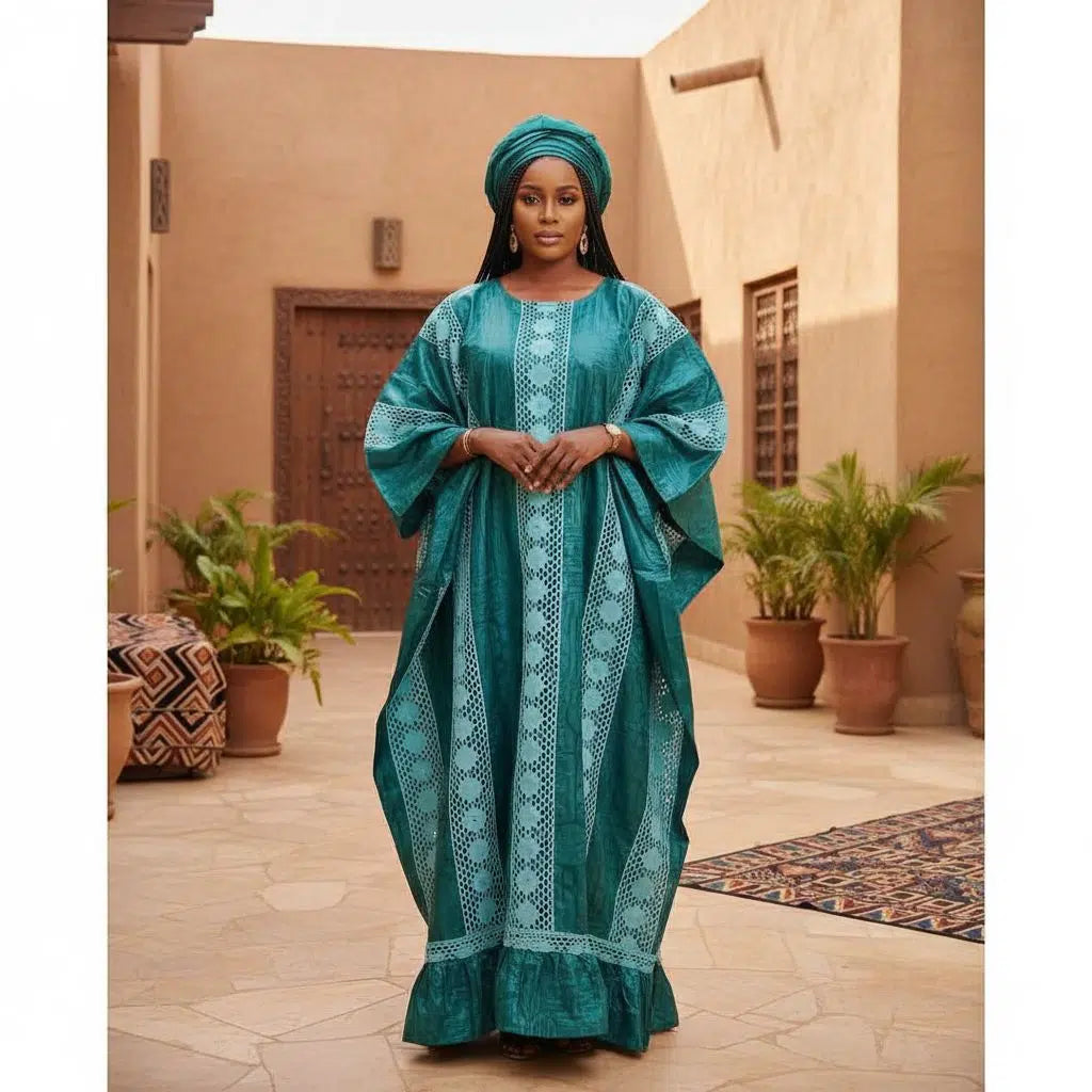 Boubou femme vert fonce bazin brodé, robe africaine élégante ample