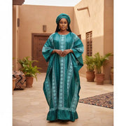 Boubou femme vert fonce bazin brodé, robe africaine élégante ample