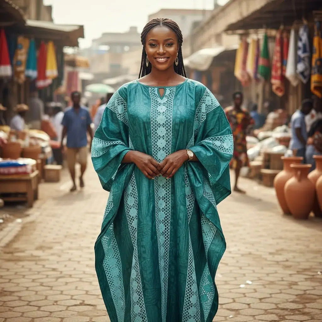 Boubou femme vert fonce bazin brodé, robe africaine élégante ample