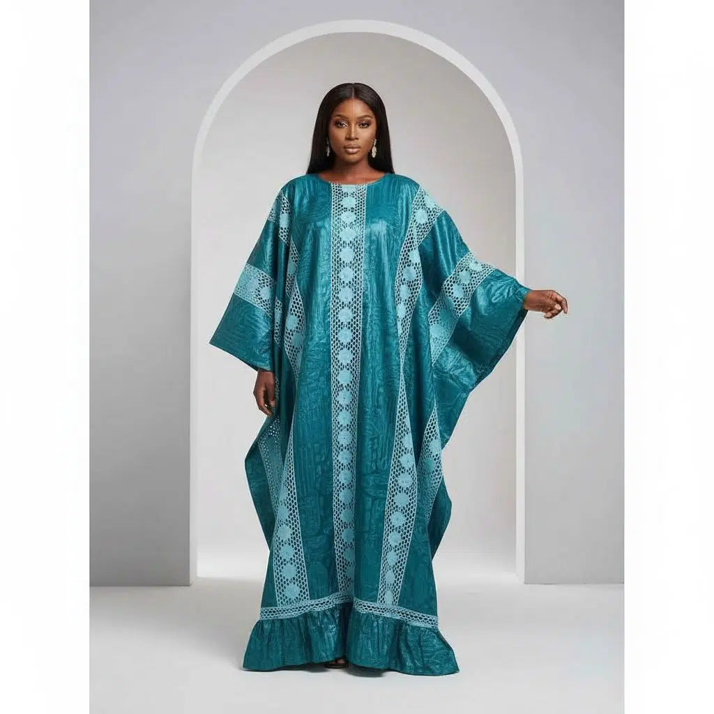 Boubou femme vert fonce bazin brodé, robe africaine élégante ample