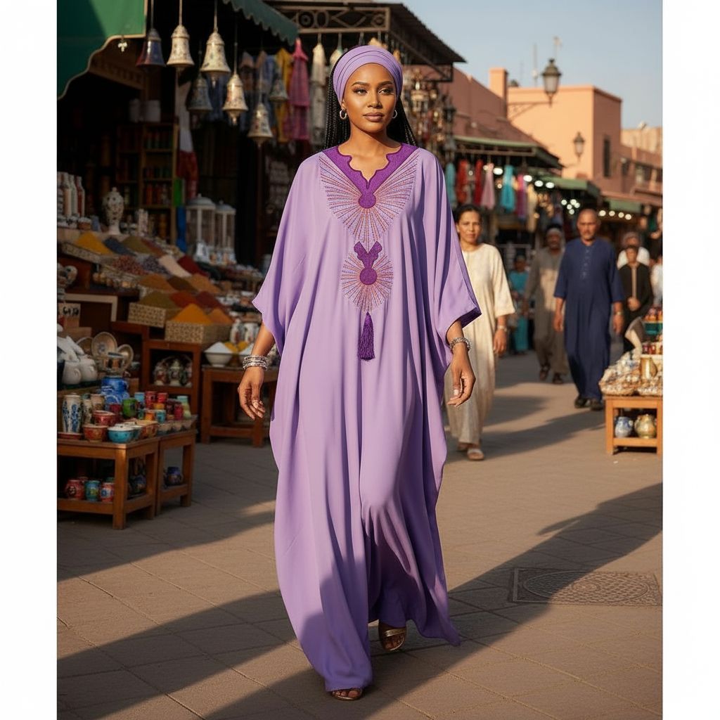 Boubou femme violet coton artisanal brodé – Robe africaine chic ample