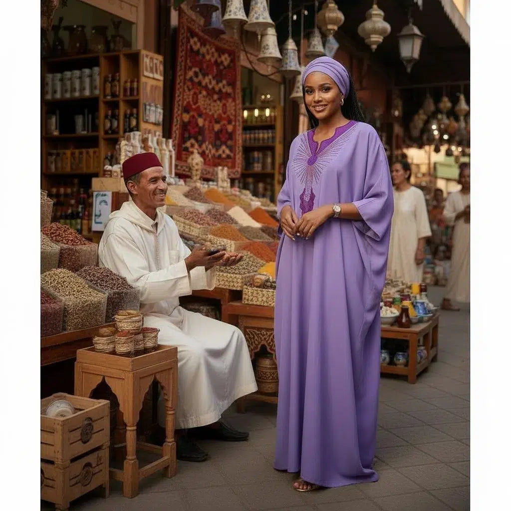 Boubou femme violet coton artisanal brodé – Robe africaine chic ample