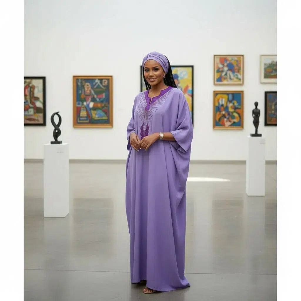 Boubou femme violet coton artisanal brodé – Robe africaine chic ample