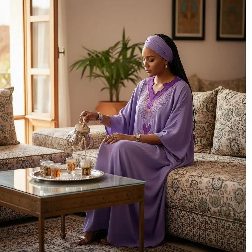 Boubou femme violet coton artisanal brodé – Robe africaine chic ample