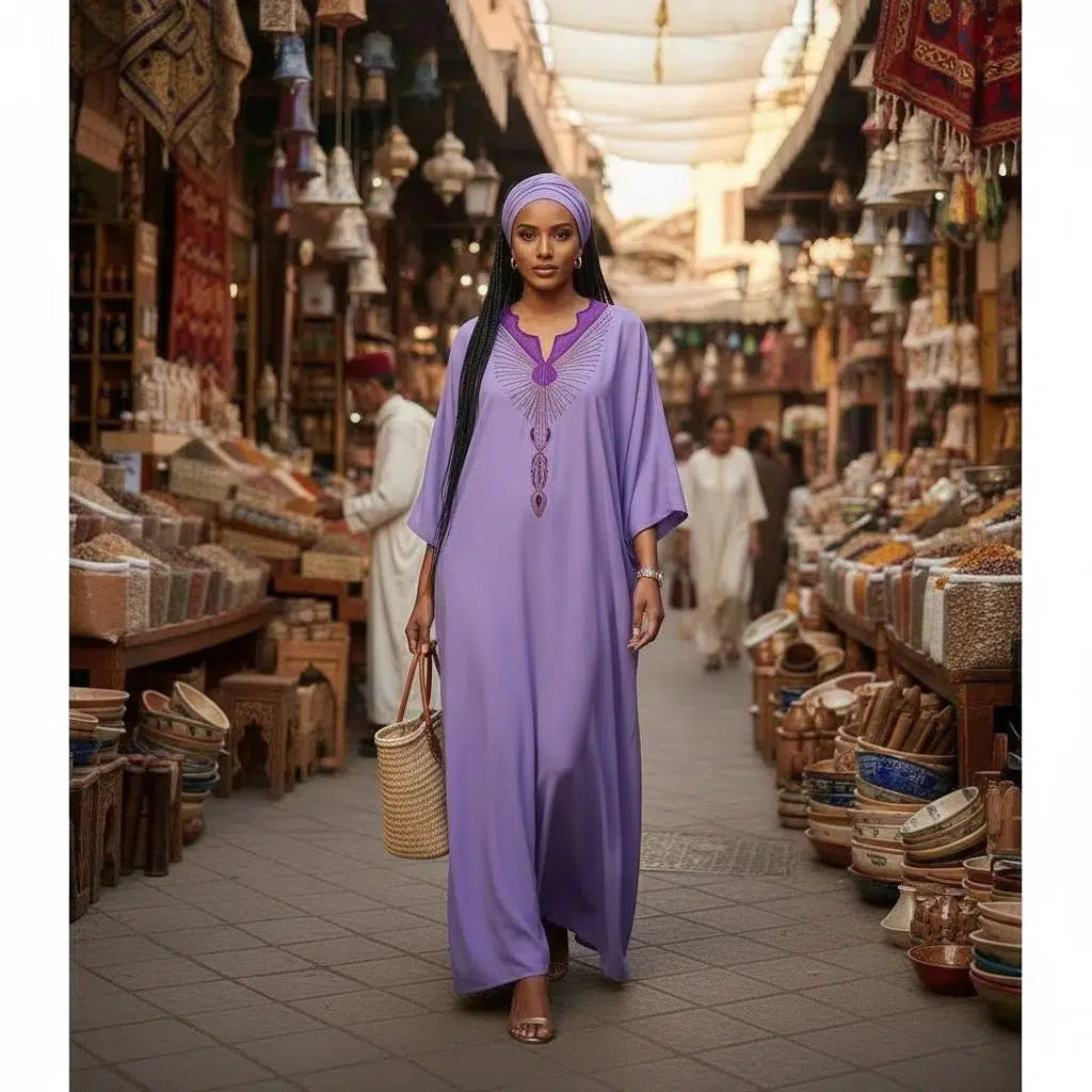 Boubou femme violet coton artisanal brodé – Robe africaine chic ample
