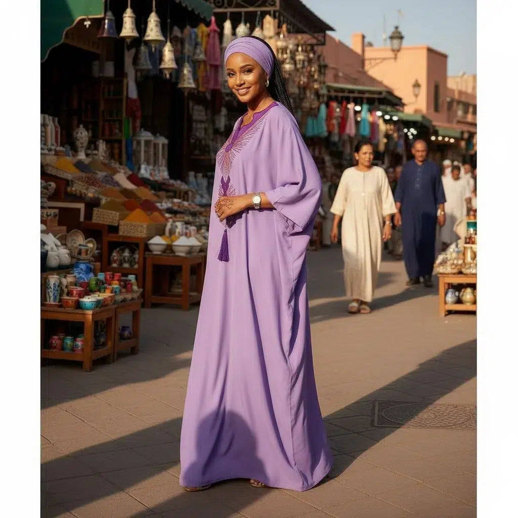 Boubou femme violet coton artisanal brodé – Robe africaine chic ample