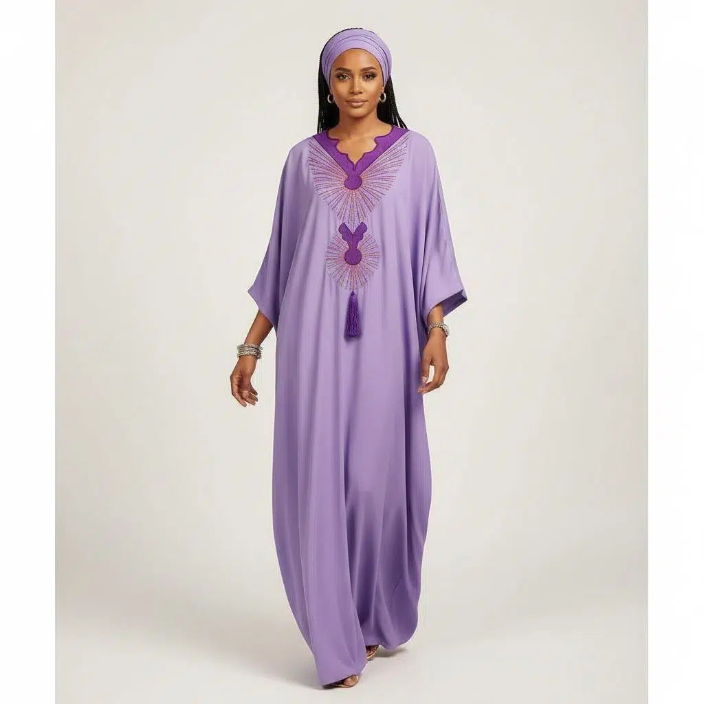 Boubou femme violet coton artisanal brodé – Robe africaine chic ample