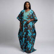 Boubou femme wax bleu brodé élégant grande taille