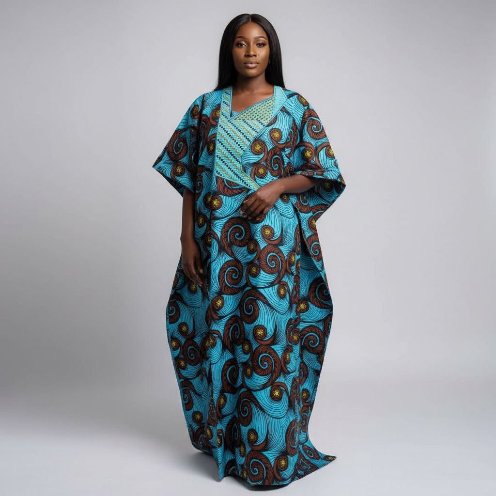 Boubou femme wax bleu brodé élégant grande taille