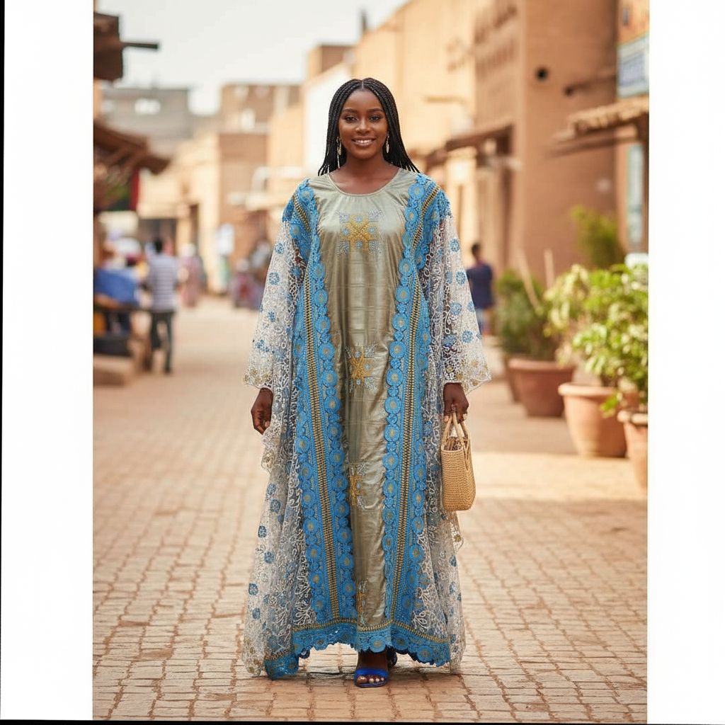 Boubou geztner dentelle bleu, robe africaine élégante femme cérémonie
