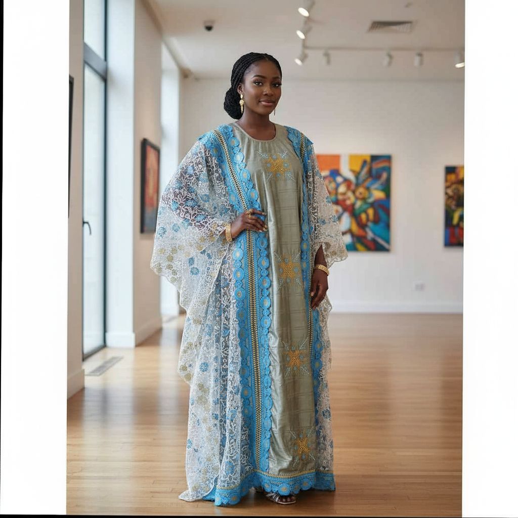 Boubou geztner dentelle bleu, robe africaine élégante femme cérémonie