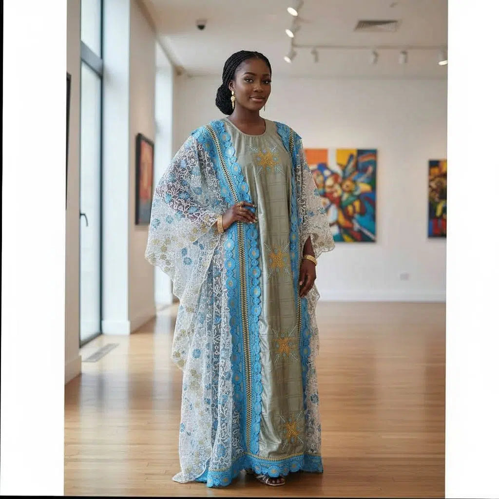 Boubou geztner dentelle bleu, robe africaine élégante femme cérémonie