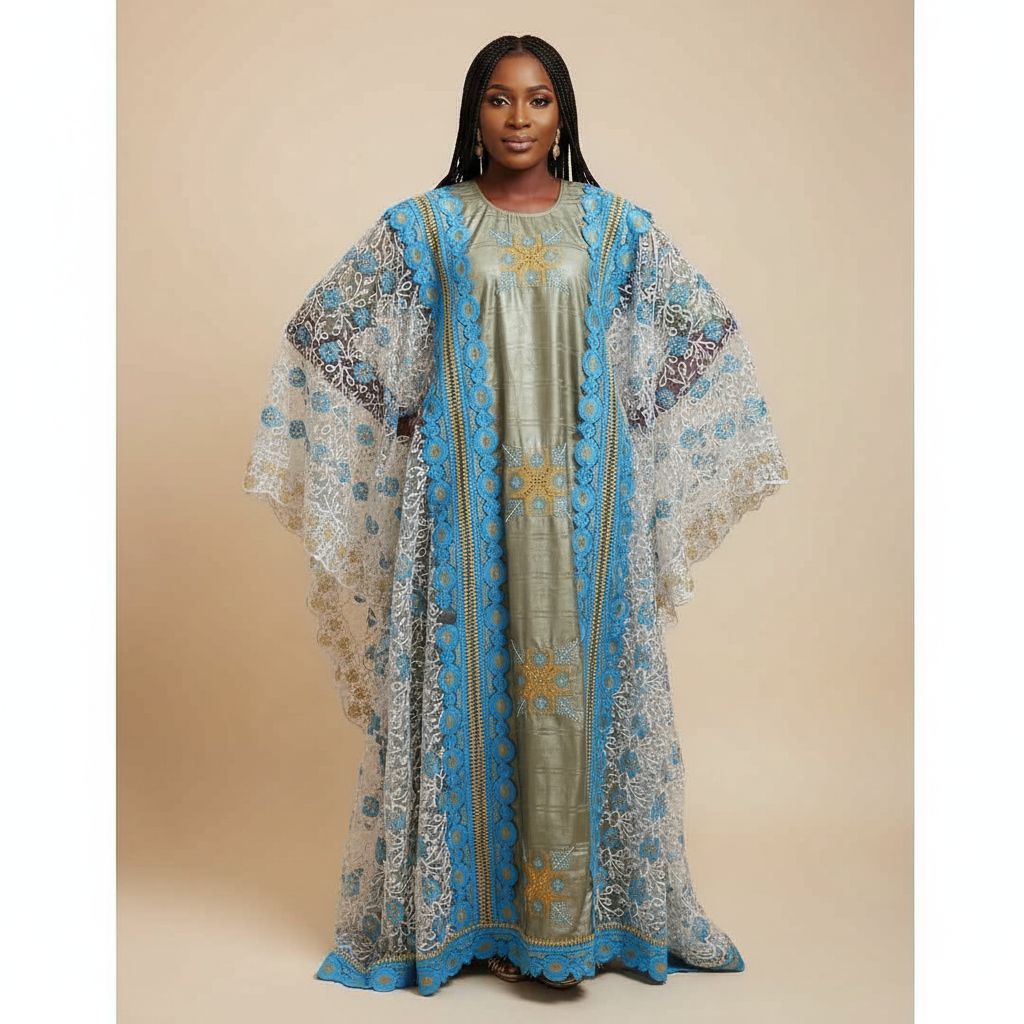 Boubou geztner dentelle bleu, robe africaine élégante femme cérémonie