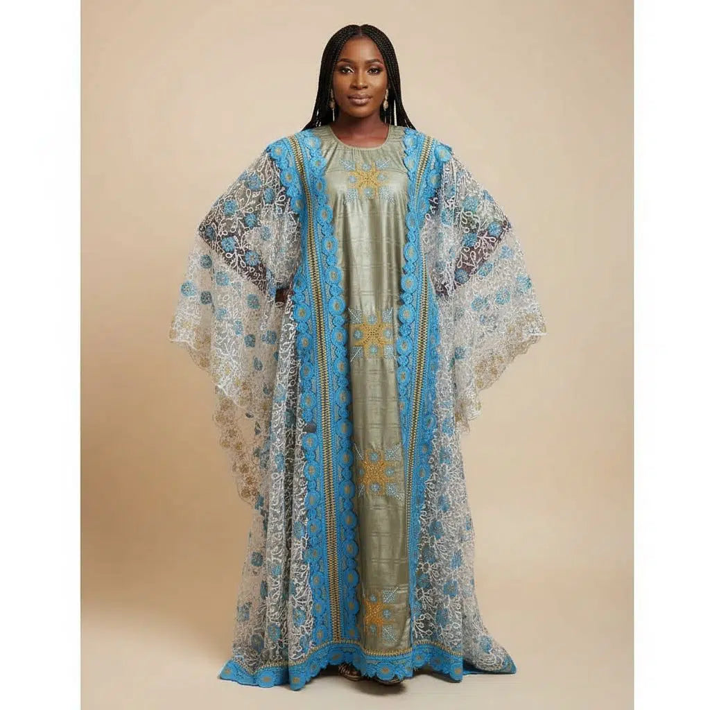 Boubou geztner dentelle bleu, robe africaine élégante femme cérémonie