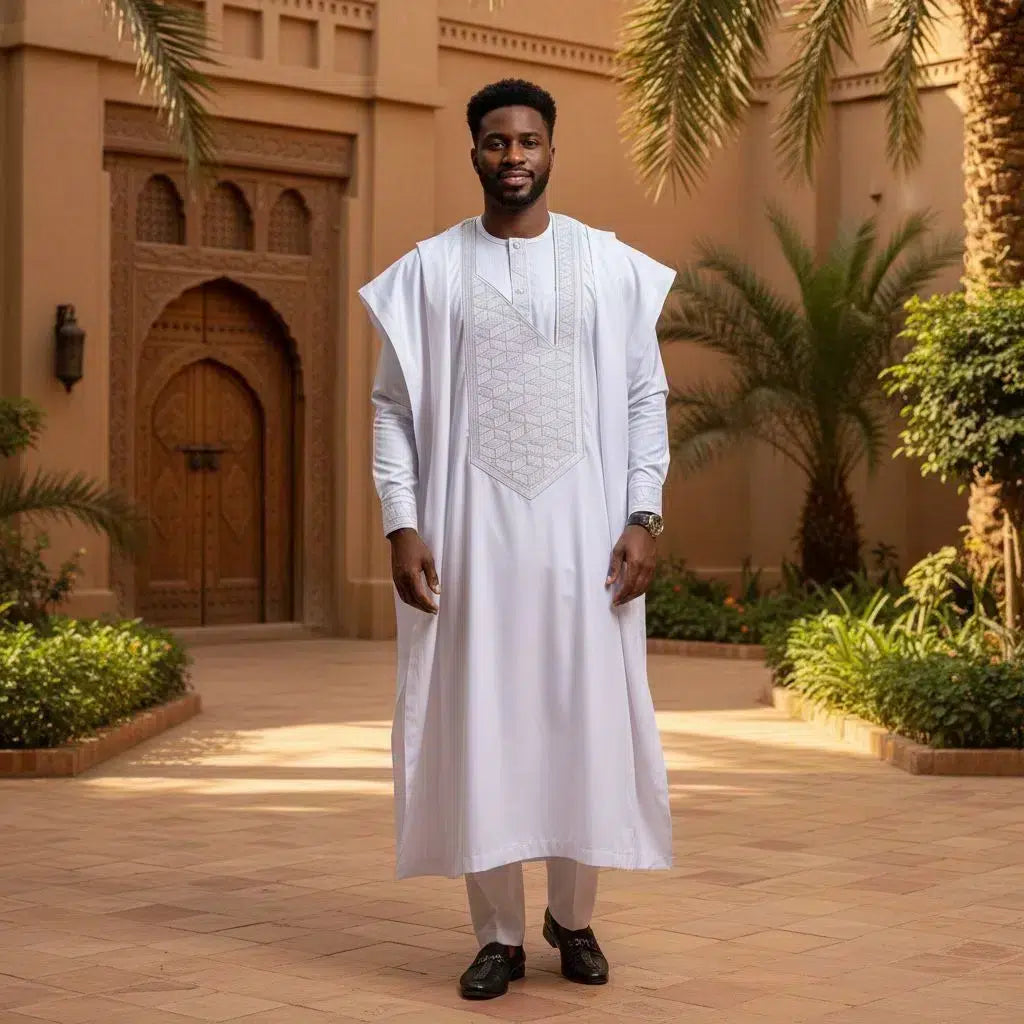 Boubou homme blanc trois pièces brodé – Ensemble africain cérémonie élégant