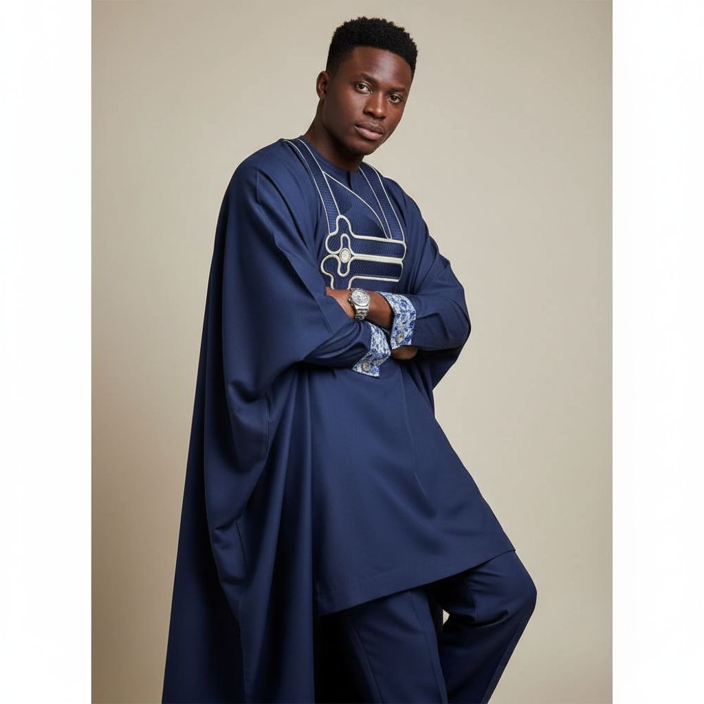Boubou homme bleu marine brodé élégant, coupe moderne et haut de gamme