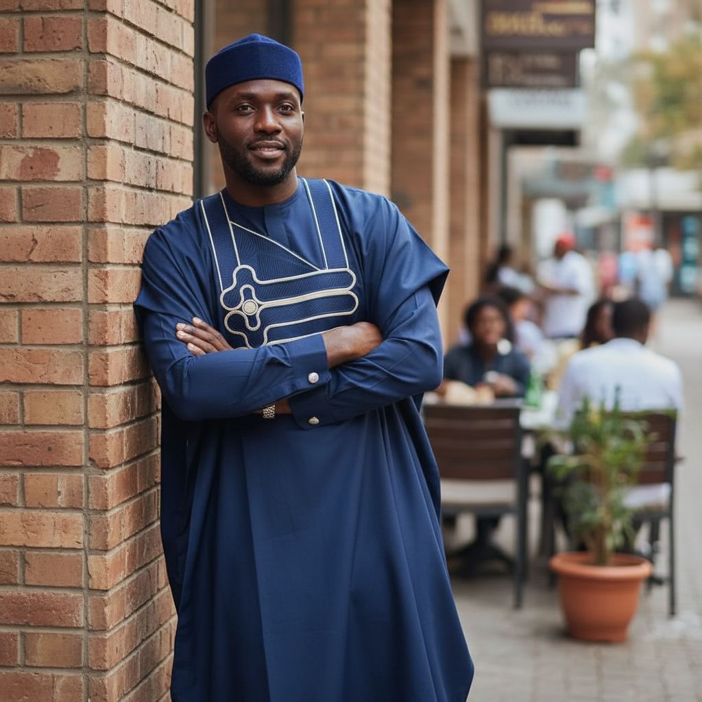 Boubou homme bleu marine brodé élégant, coupe moderne et haut de gamme