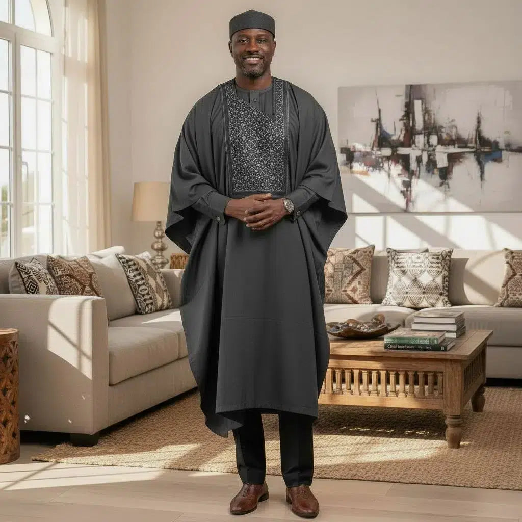 Boubou homme coton trois pièces gris foncé
