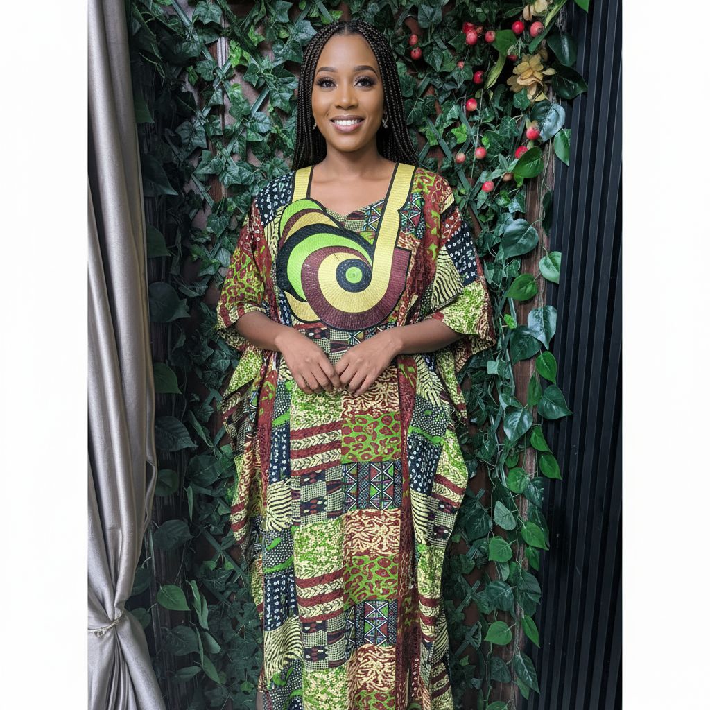 Boubou wax femme vert brodé en coton, robe africaine longue élégante