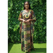 Boubou wax femme vert brodé en coton, robe africaine longue élégante