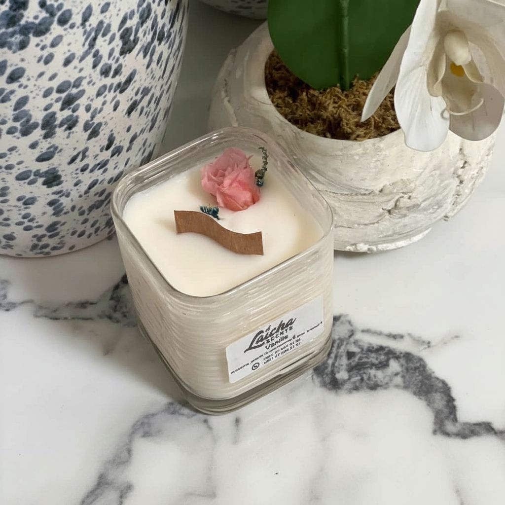 Bougie d'ambiance artisanale parfumée, cire naturelle et fleurs séchées