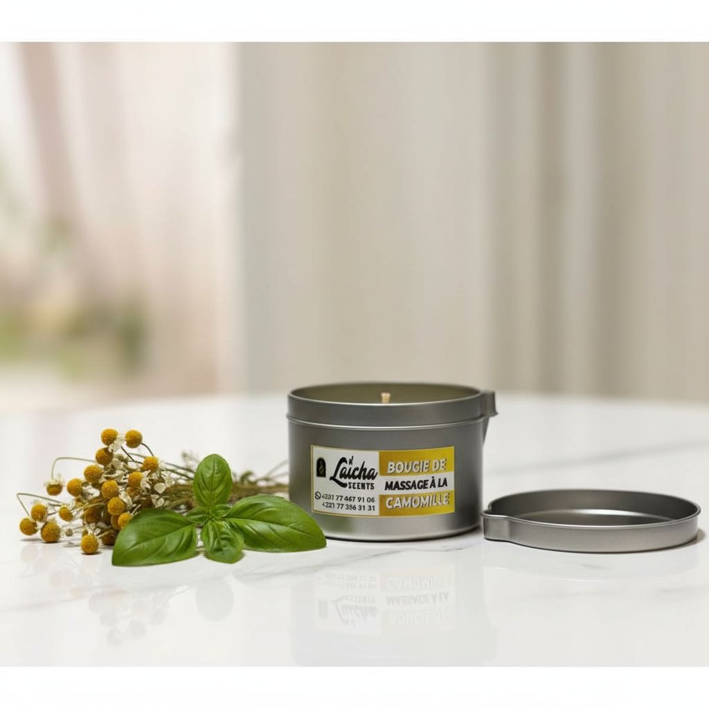Bougie de massage camomille et menthe basilic naturelle, bien-être relaxant