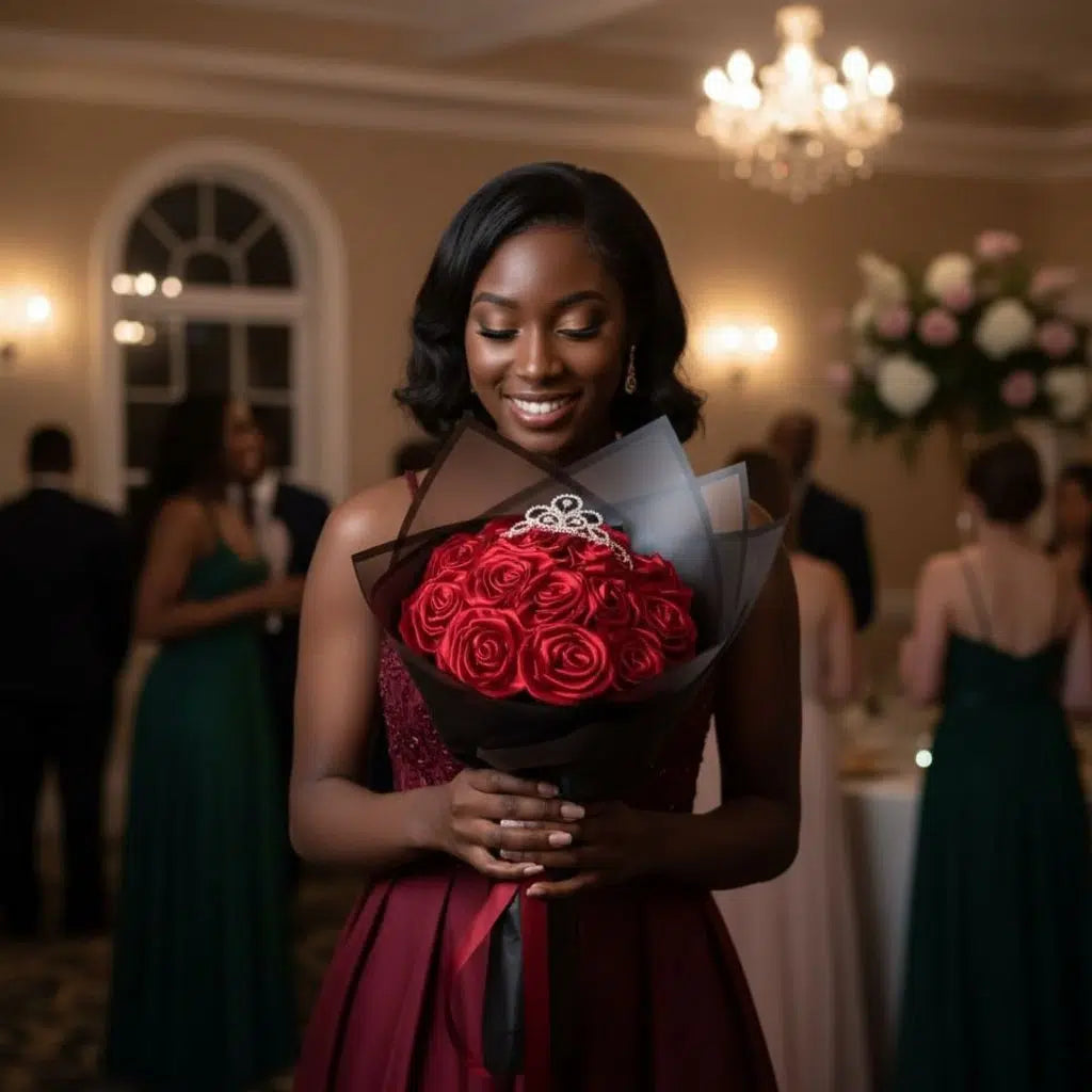 Bouquet de fleurs en satin rouge avec couronne