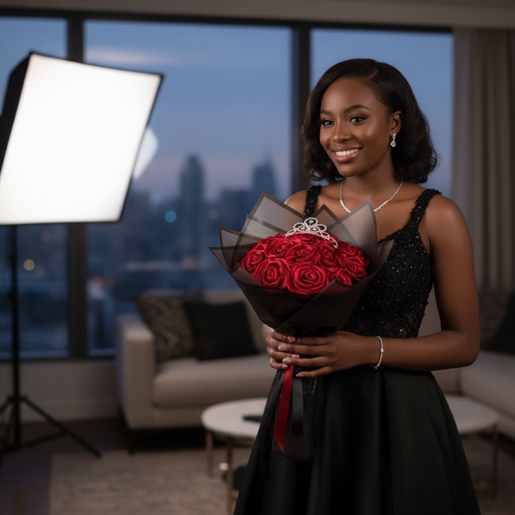 Bouquet de fleurs en satin rouge avec couronne