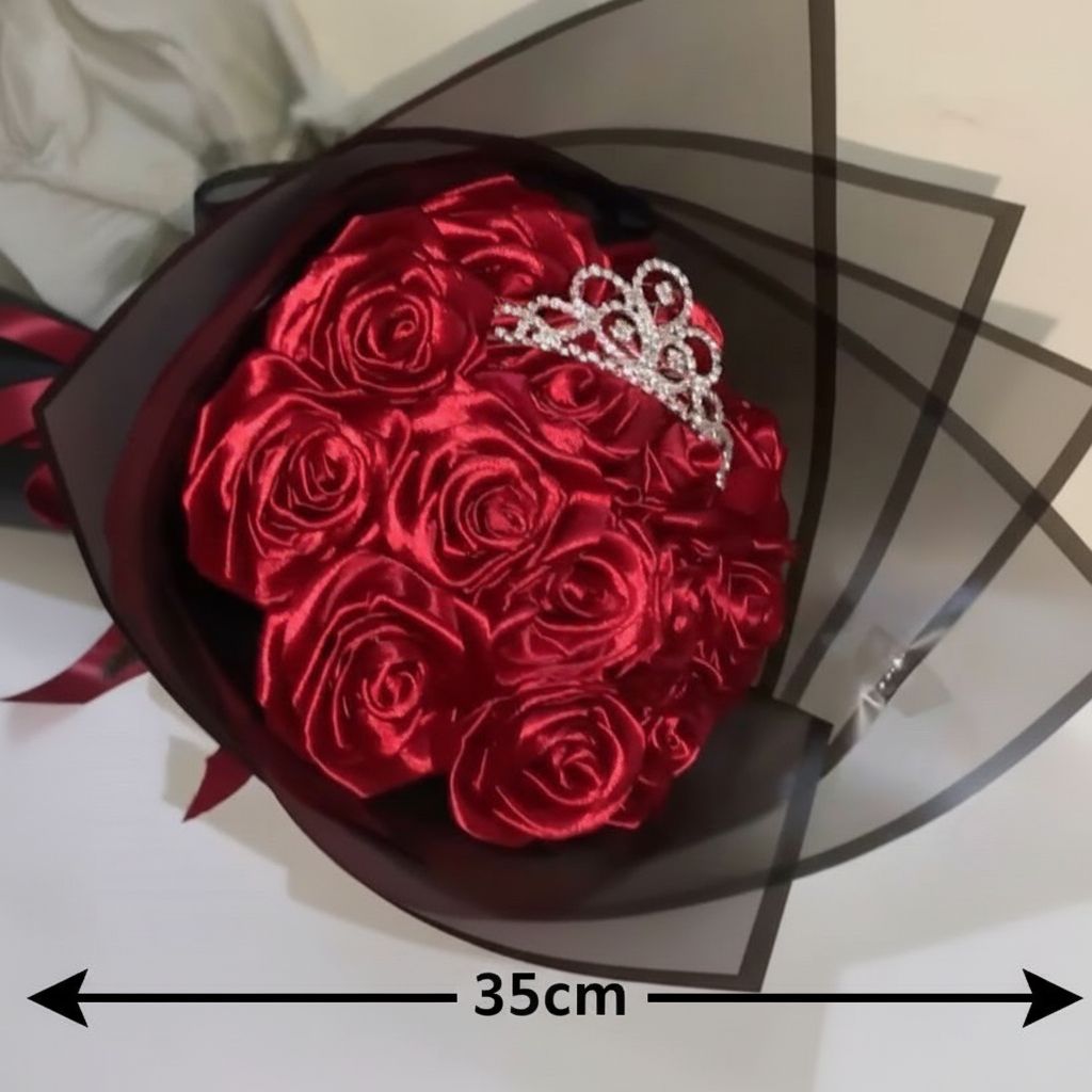 Bouquet de fleurs en satin rouge avec couronne