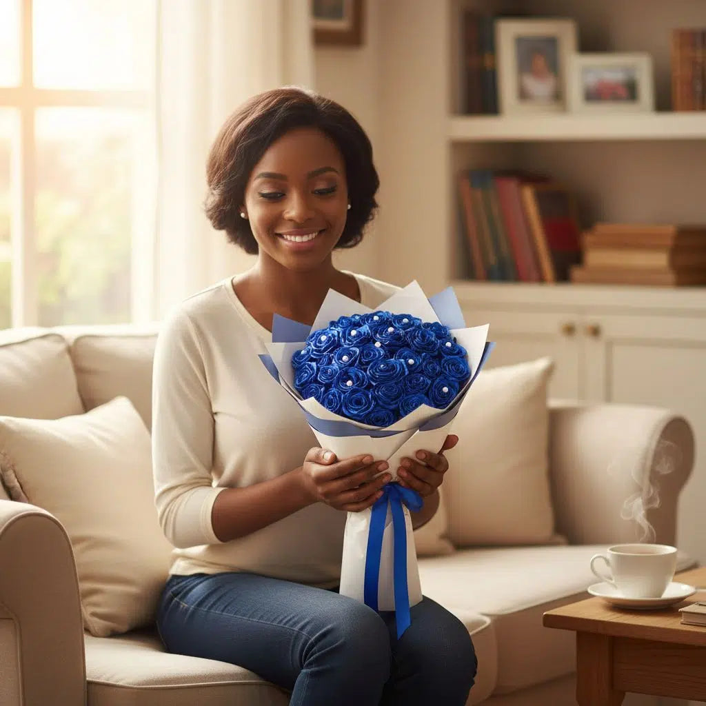 Bouquet de roses bleues avec strass blanc