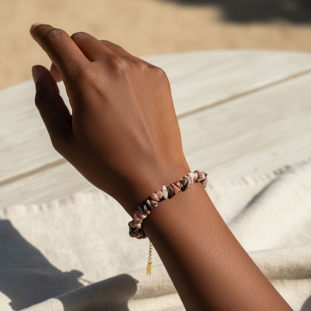 Bracelet en pierre de rhodonite brute, bijou artisanal ajustable chic