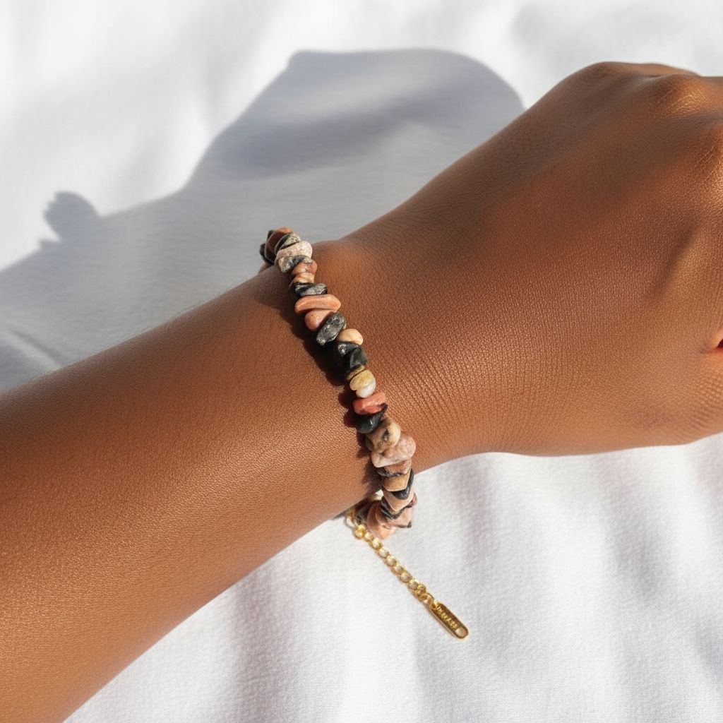 Bracelet en pierre de rhodonite brute, bijou artisanal ajustable chic