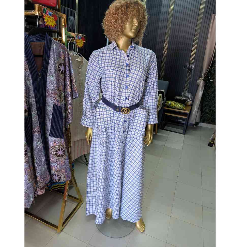 Robe chemise longue femme bleu blanc à carreaux, ample coton avec poches