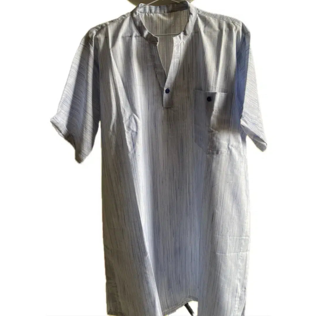 Chemise Lin Homme Bleu Rayée Col Mao – Élégance Légère et Moderne