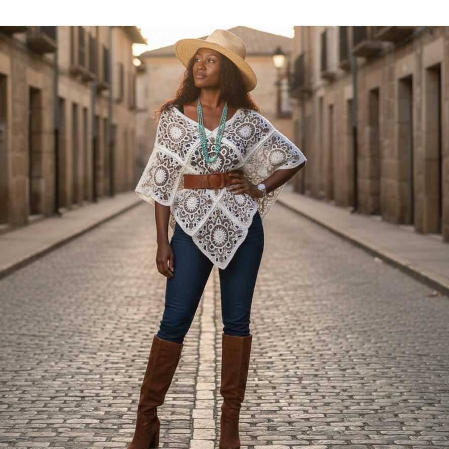 Poncho crochet femme réversible floral fait main beige marron bohème chic